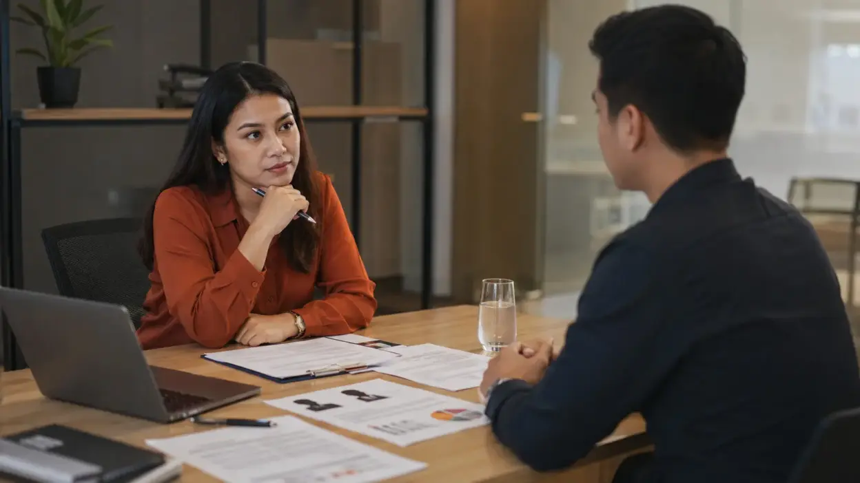 ilustrasi hr indonesia melakukan wawancara dalam proses seleksi karyawan di ruang meeting modern.
