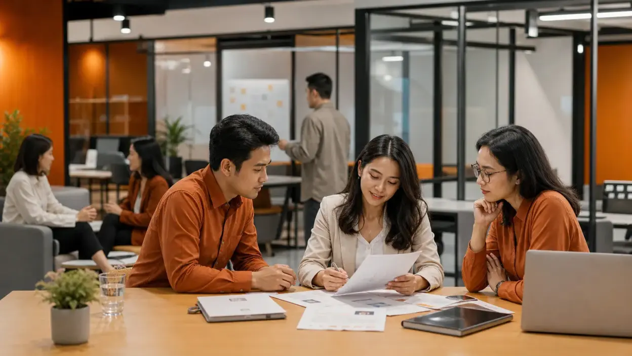 tim hr di kantor modern menggunakan ai dalam hr untuk meninjau data kandidat dan mendukung keputusan rekrutmen yang lebih bijak