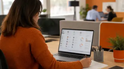 seorang profesional hr menggunakan laptop dengan dashboard kandidat sambil memegang catatan tulisan tangan di kantor modern