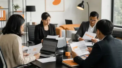 tim hr sedang mendiskusikan asesmen kandidat objektif dengan formulir penilaian kompetensi di ruang meeting modern