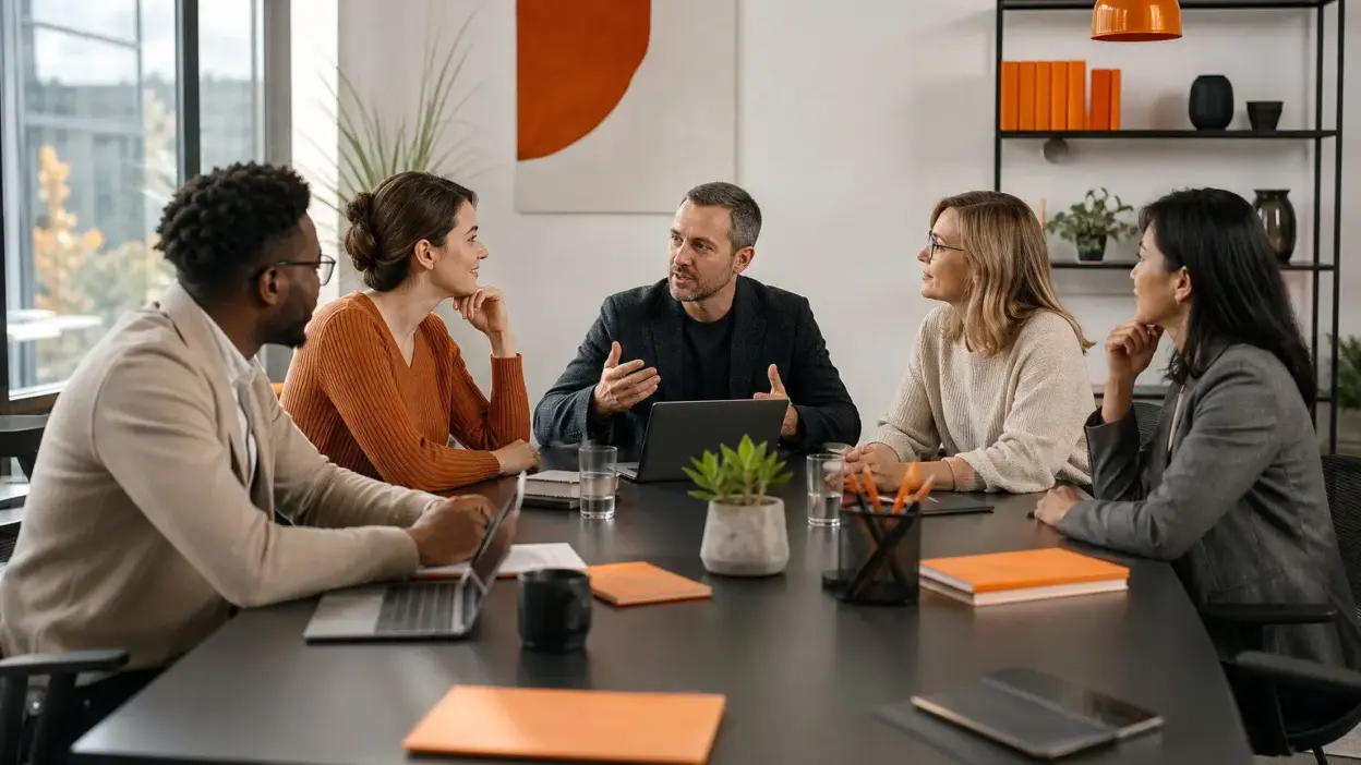 tim hr dan leader berdiskusi di kantor modern tentang penguatan budaya kerja empatik dan psychological safety
