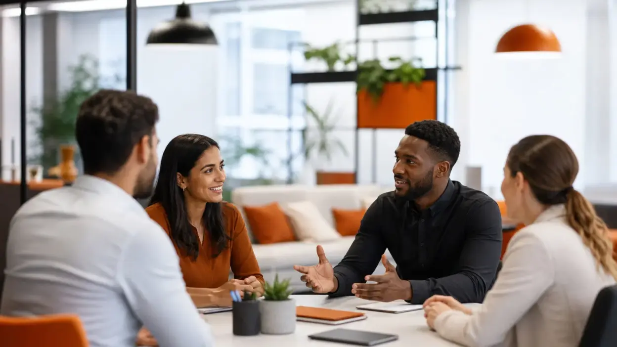 tim hr dan leader berdiskusi di kantor modern tentang budaya kerja sehat dan wellbeing karyawan