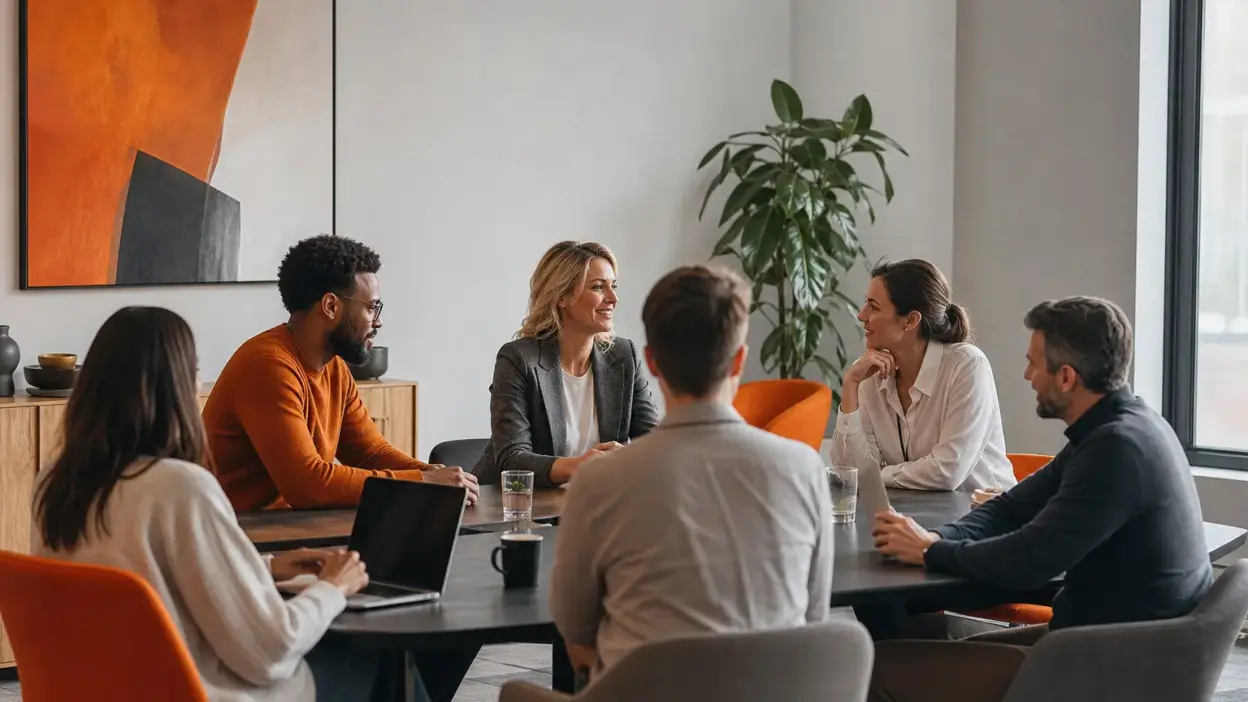 tim hr dan leader berdiskusi di kantor modern tentang penerapan budaya kerja sehat sebagai fondasi program mental health