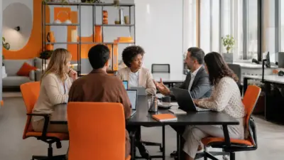 tim hr di kantor modern berdiskusi tentang budaya kerja sehat dan dukungan kesehatan mental karyawan