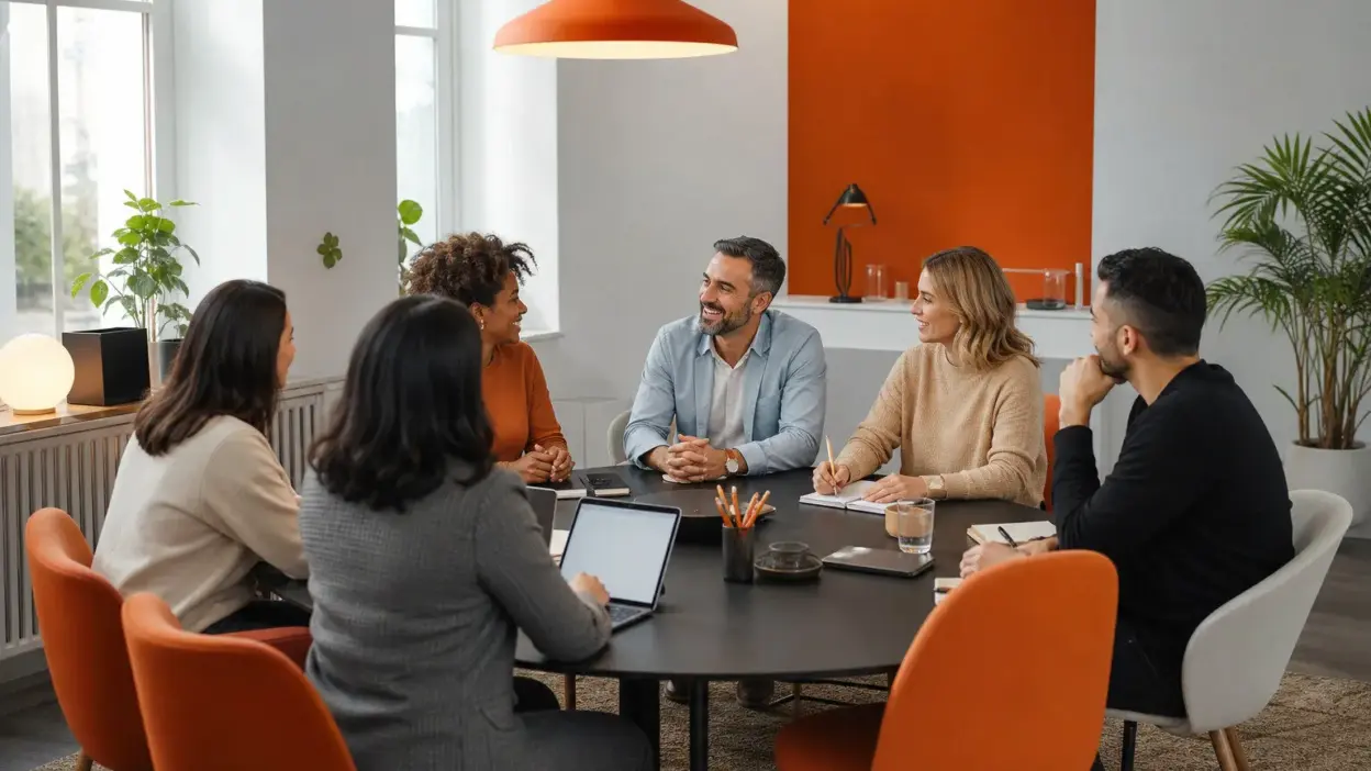 tim hr berdiskusi di kantor modern tentang penerapan budaya kerja sehat untuk menjaga wellbeing karyawan