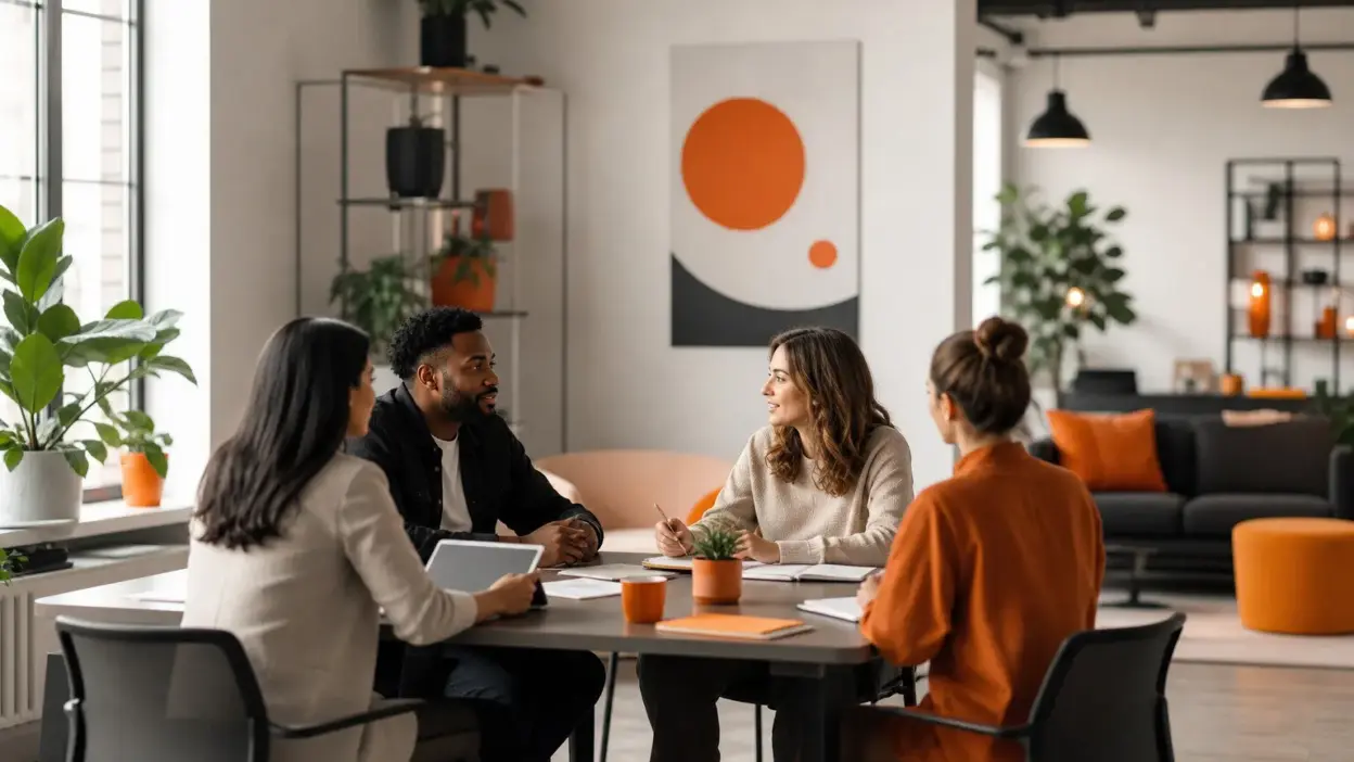 tim hr di kantor modern sedang mendiskusikan budaya kerja sehat dan dampaknya pada wellbeing karyawan