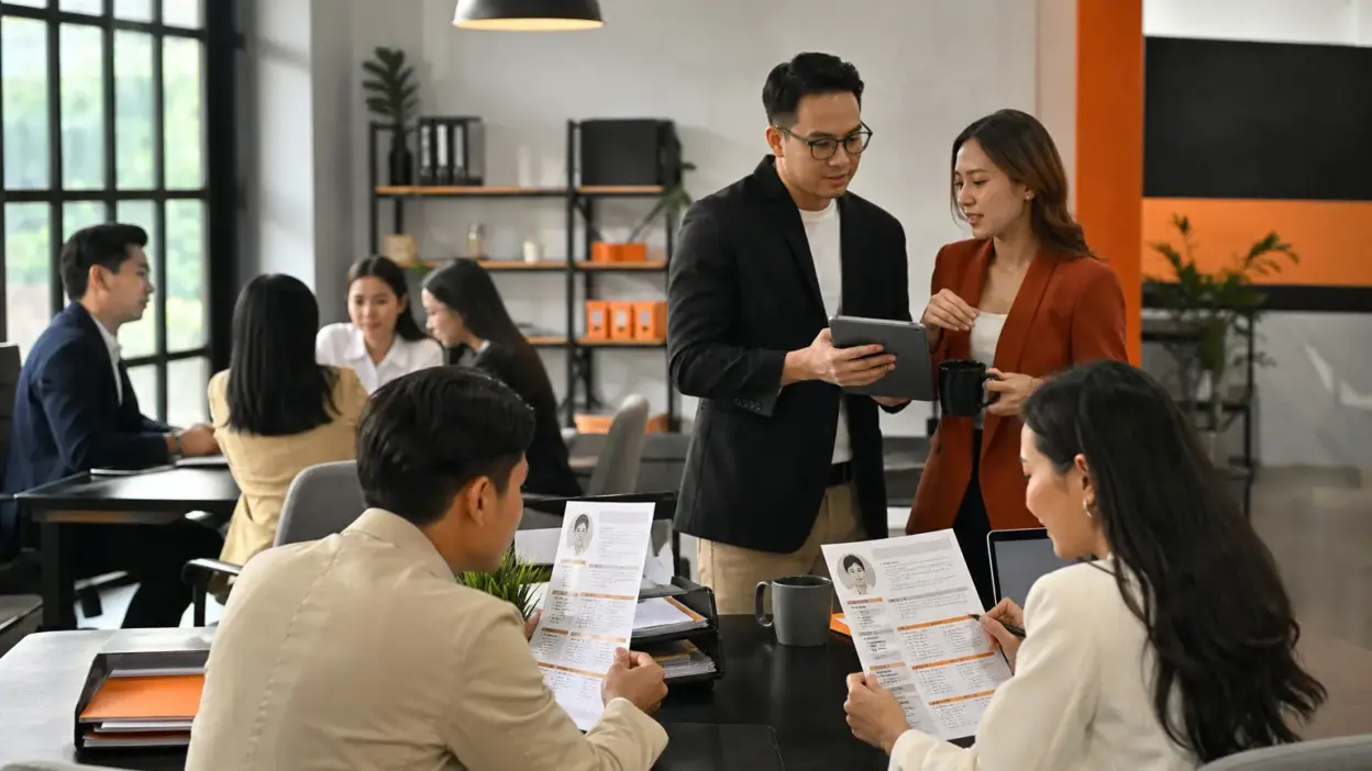 tim hr berdiskusi di kantor modern tentang burnout karyawan dan dampak hustle culture terhadap batas kerja sehat