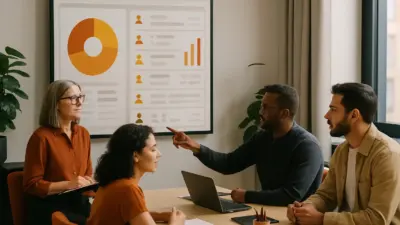 tim hr modern berdiskusi di kantor sambil menganalisis dashboard data perilaku karyawan
