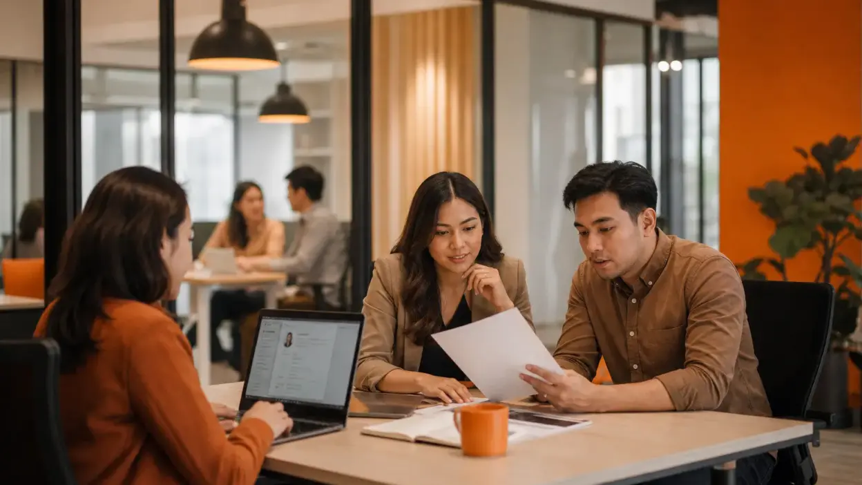 ilustrasi hr modern berdiskusi dengan karyawan muda tentang beban kerja dan hustle culture di kantor