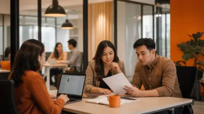 ilustrasi hr modern berdiskusi dengan karyawan muda tentang beban kerja dan hustle culture di kantor