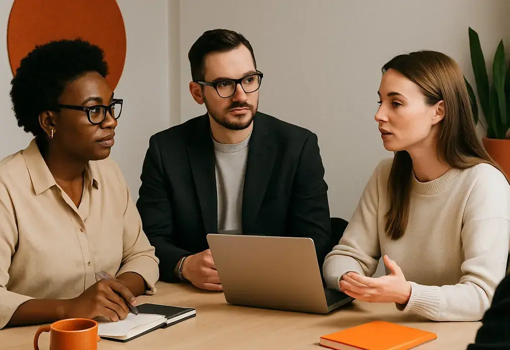 tim hr berdiskusi menyusun strategi kesehatan mental di tempat kerja di kantor modern bernuansa oranye hangat
