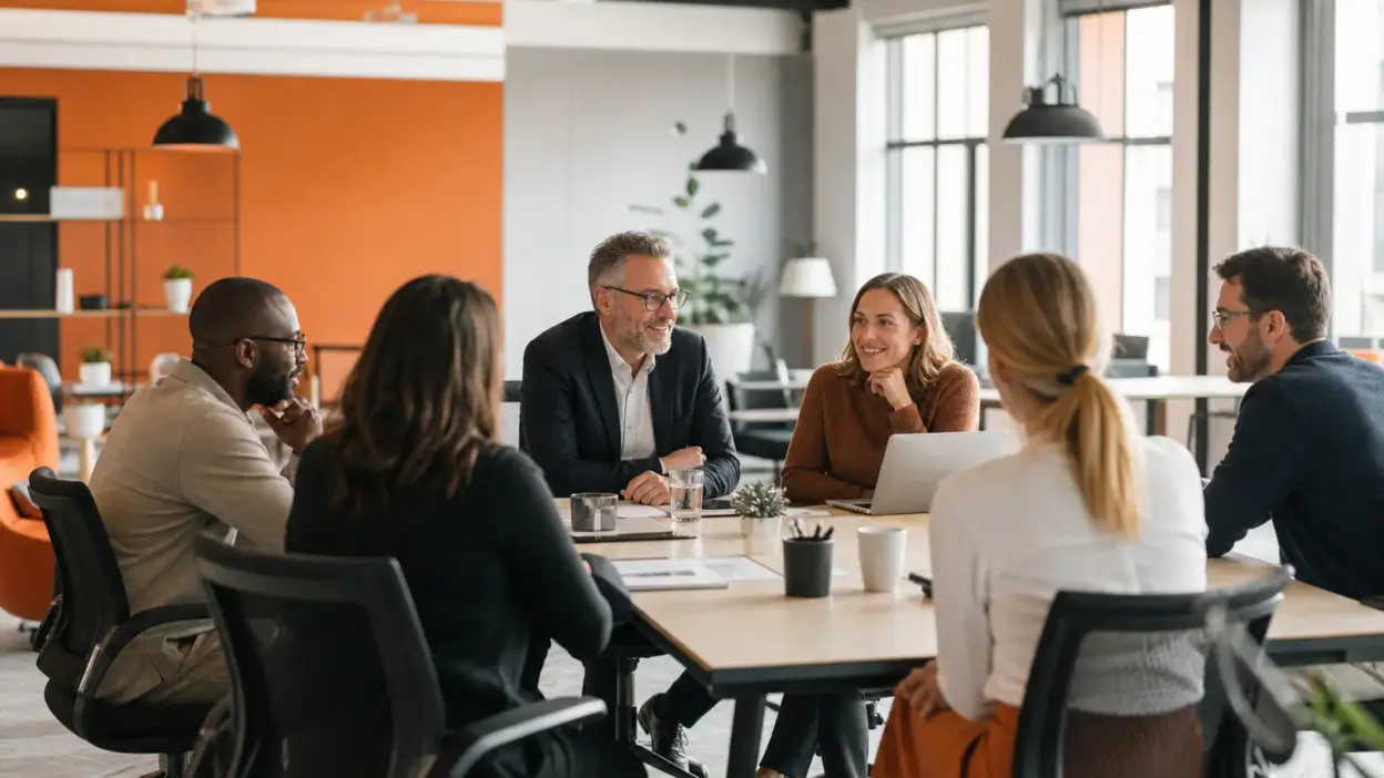 tim leader dan hr berdiskusi di kantor modern untuk membangun psychological safety setelah restrukturisasi organisasi