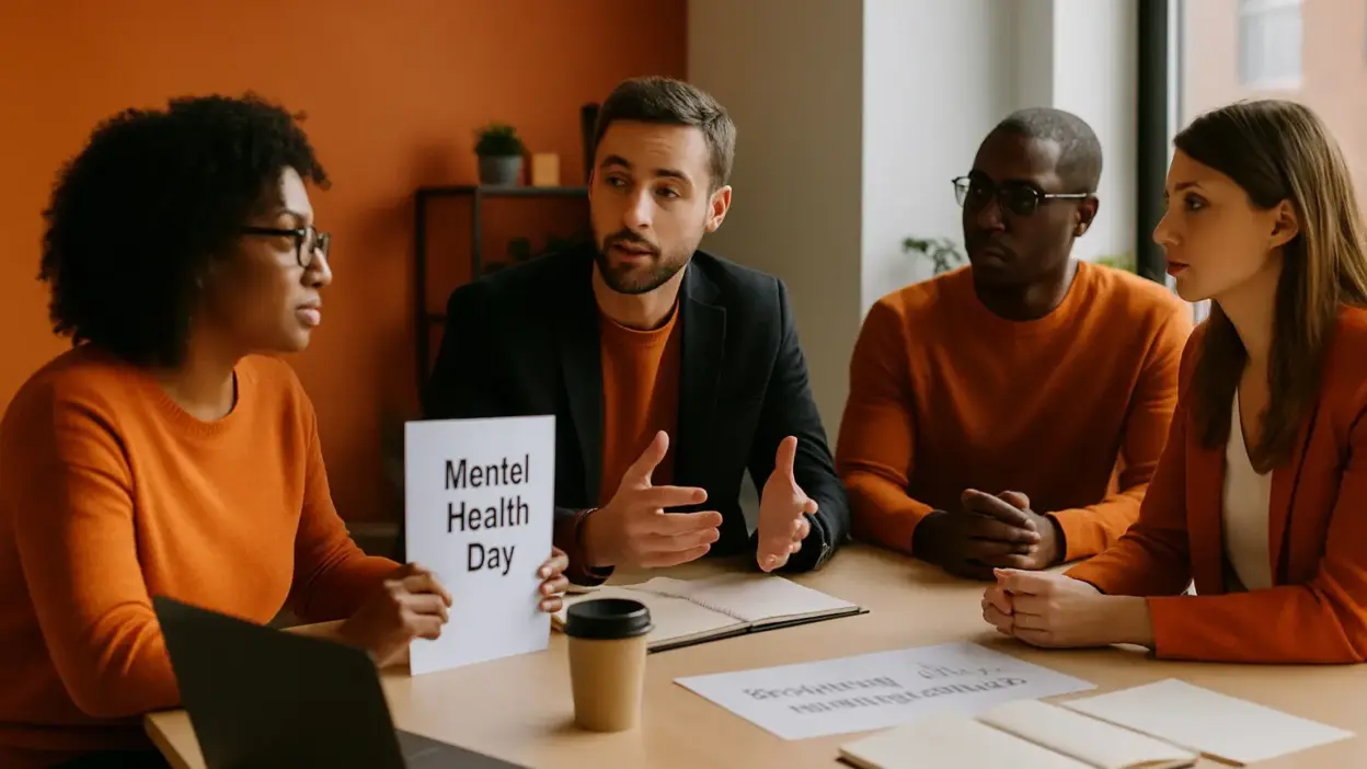 tim hr berdiskusi di kantor modern tentang program mental health day untuk mendukung wellbeing kerja karyawan