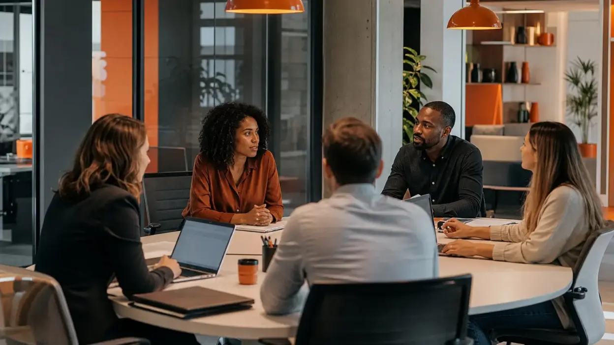 tim hr berdiskusi di kantor modern tentang psikologi kerja dan strategi mencegah efek hustle culture pada karyawan
