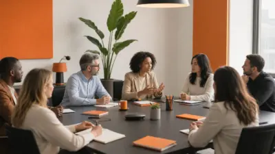 tim hr dan leader berdiskusi di kantor modern tentang psychological safety dan budaya kerja sehat di organisasi