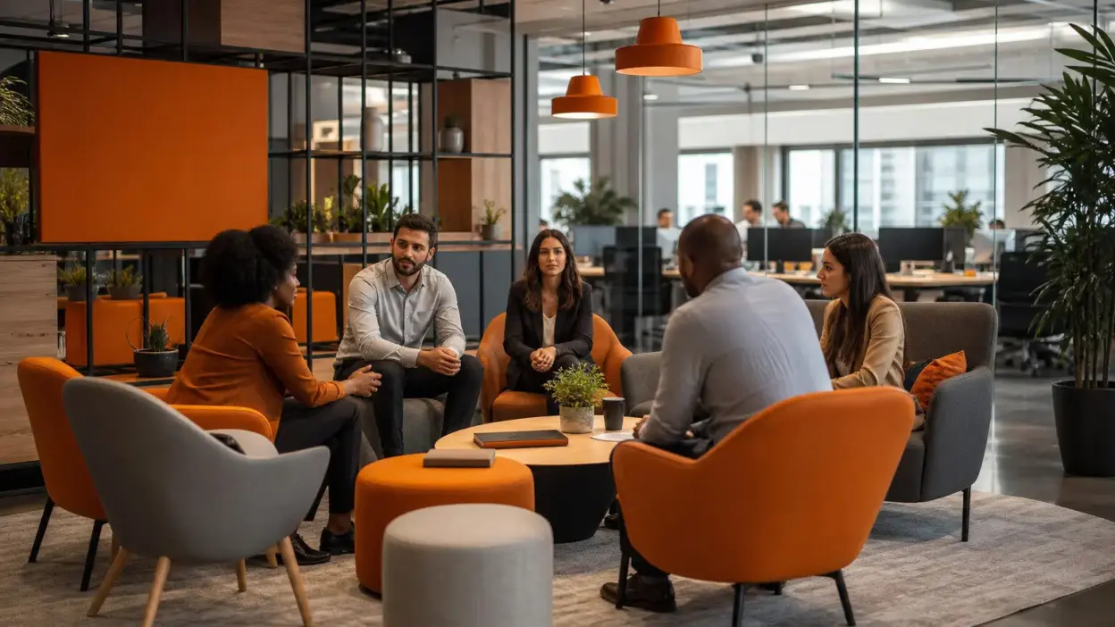 tim hr dan leader mendiskusikan seleksi karyawan serta dampak survivor syndrome setelah phk di kantor modern