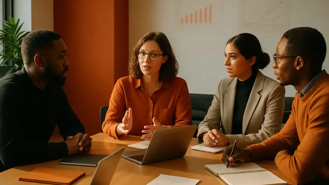 tim hr dan leader berdiskusi di kantor modern tentang strategi membangun budaya kerja sehat di tengah tekanan ekonomi