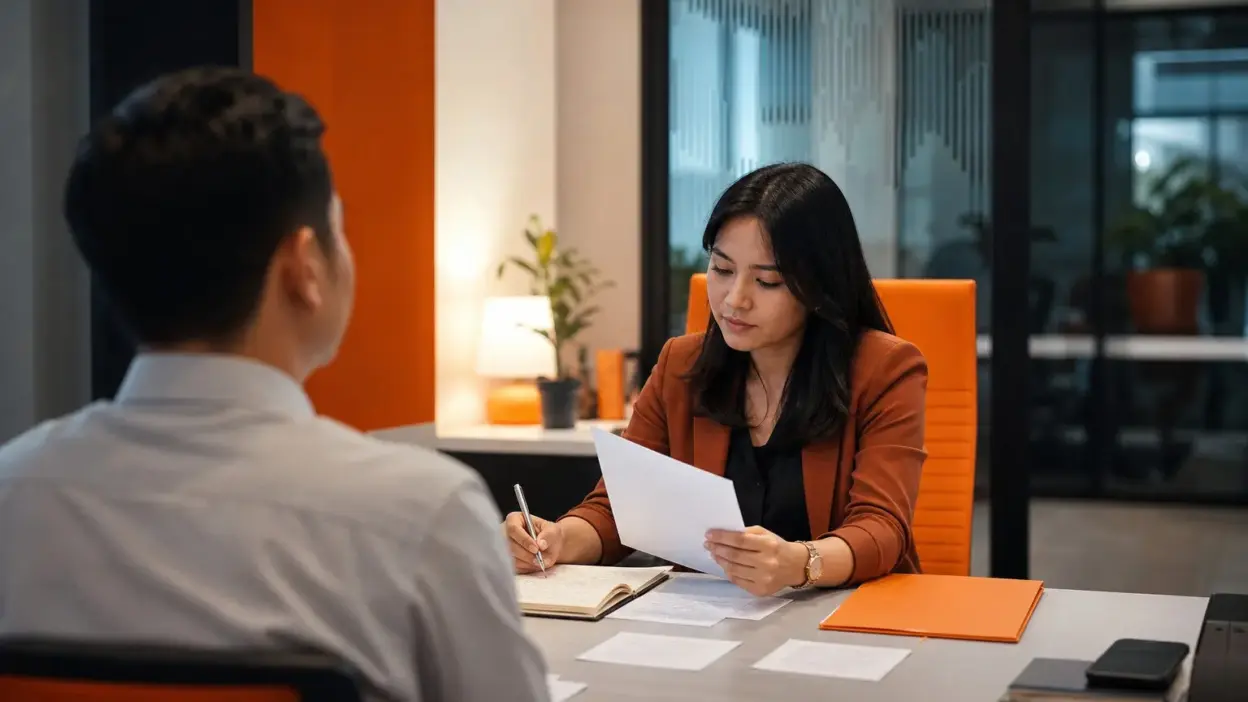 hr indonesia sedang menilai kandidat di ruang wawancara, dengan cv dan catatan tulisan tangan di atas meja