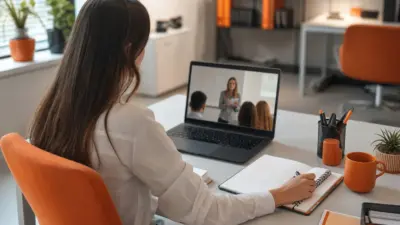 seorang profesional hr mengikuti webinar grafologi online sambil mencatat tulisan tangan di meja kerja.