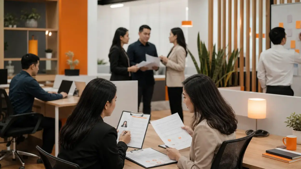 tim hr dan leader perusahaan energi berdiskusi mengenai wellbeing kerja dan budaya aman psikologis di kantor modern