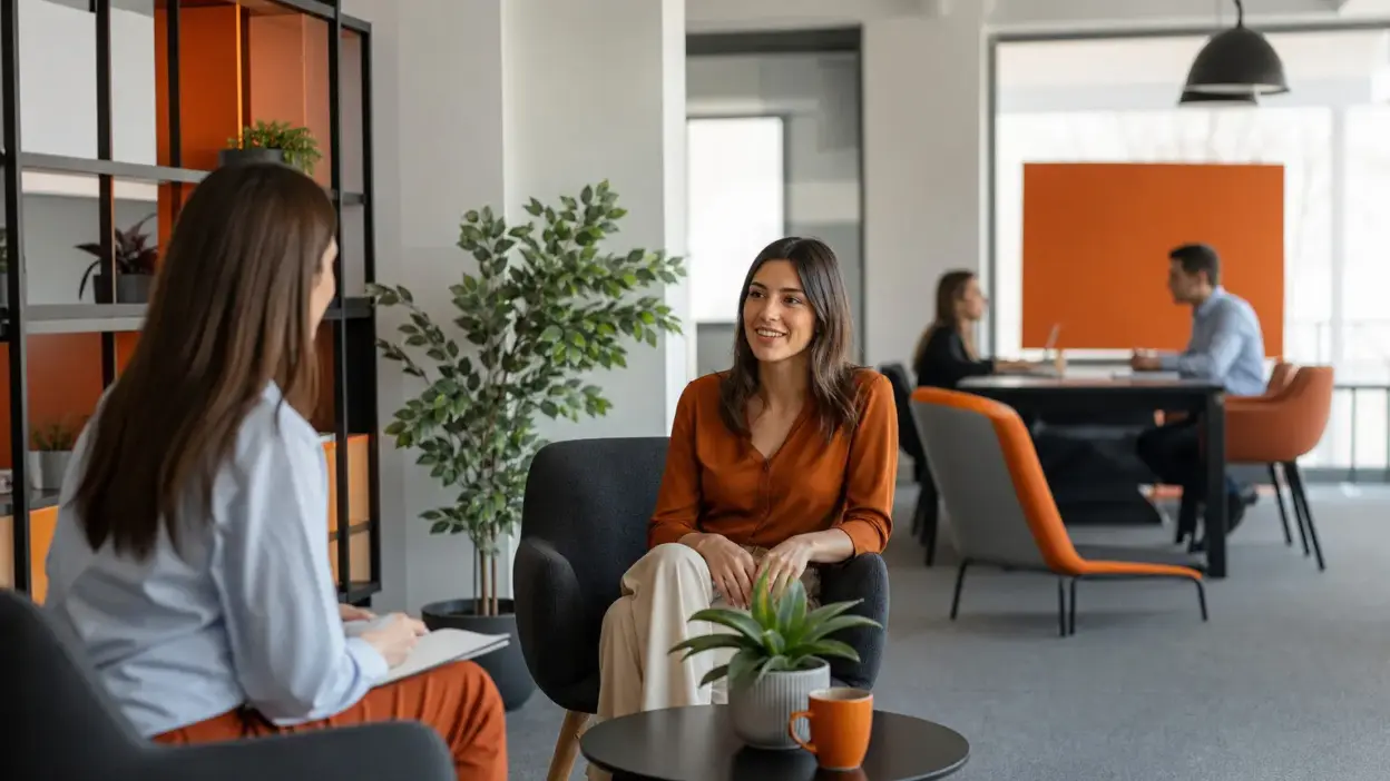 hr dan karyawan berdiskusi di kantor modern mengenai wellbeing kerja dan manajemen stres