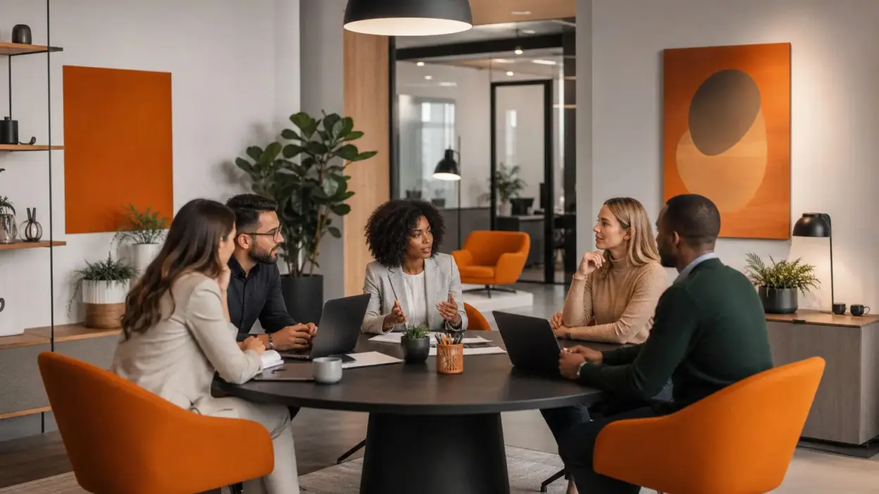 tim hr berdiskusi di kantor modern tentang strategi menjaga wellbeing kerja setelah phk