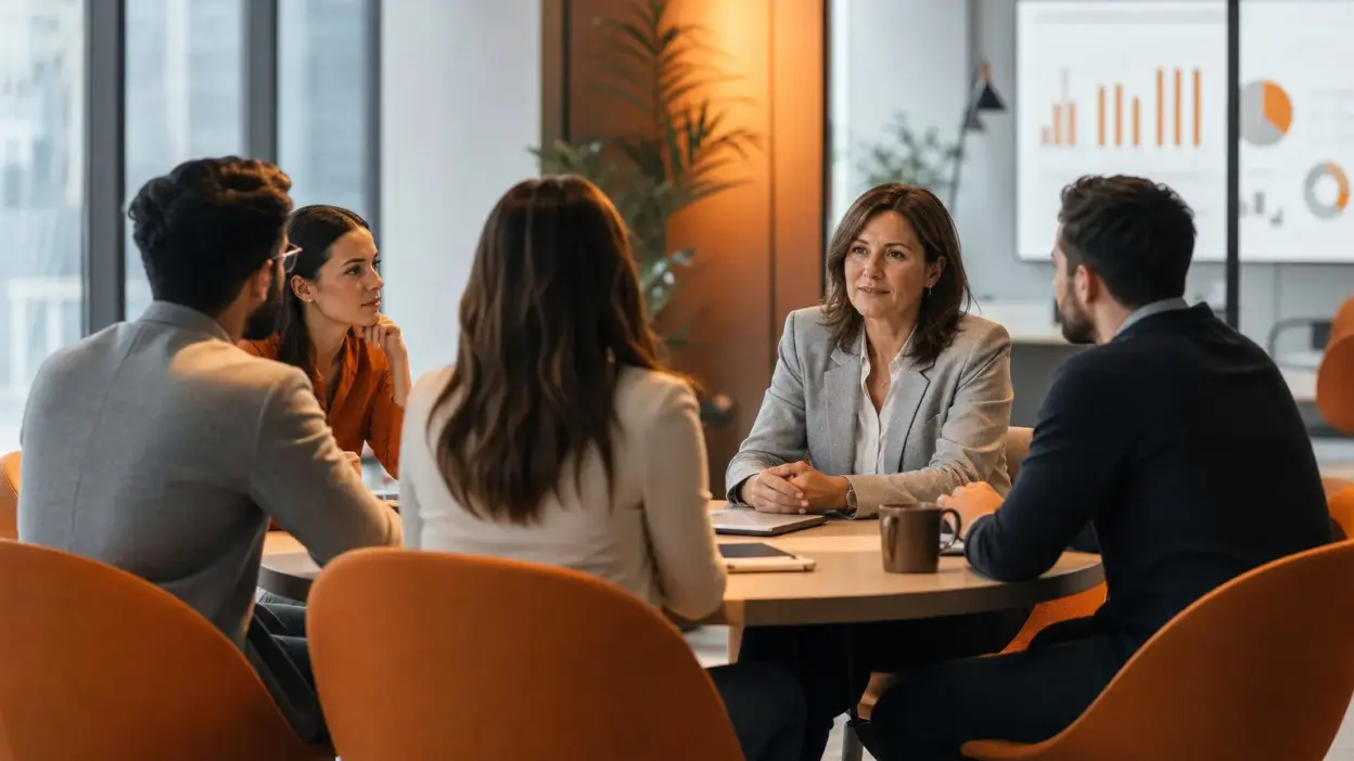 tim hr dan leader mendiskusikan wellbeing kerja karyawan di tengah tekanan ekonomi di ruang kantor modern